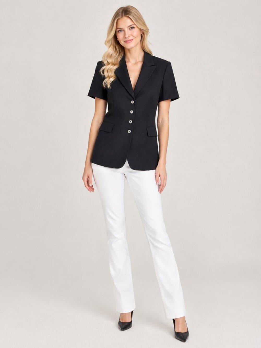 2/$30 TAHARI Arthur S. Levine Pinstripe Short Sleeve Blazer Black 8 #A4834